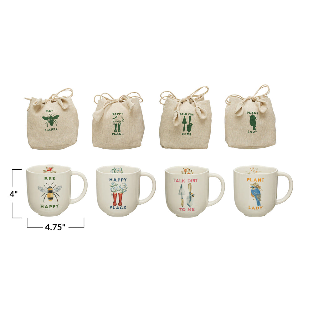 Garden Image & Saying Stoneware Mug in Printed Drawstring Bag, 4 Styles