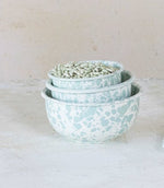 White & Mint Enameled Metal Splatterware Bowls, Set of 3