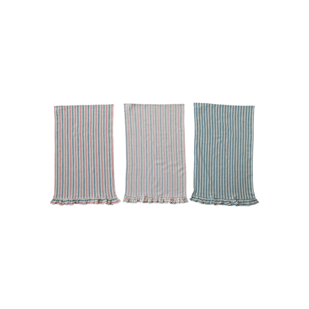 Woven Cotton Tea Towel w/ Stripes & Ruffle- Set of 3