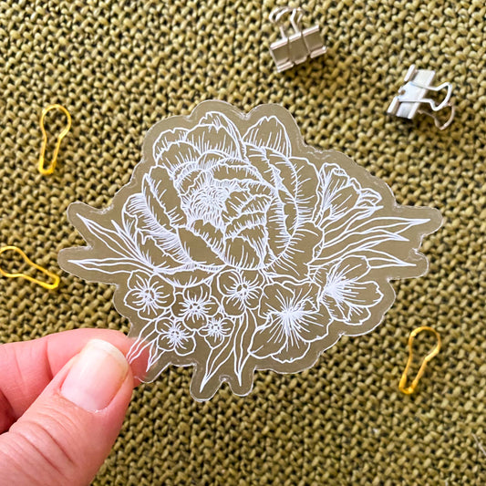 Peony Vinyl Sticker (White on Clear)