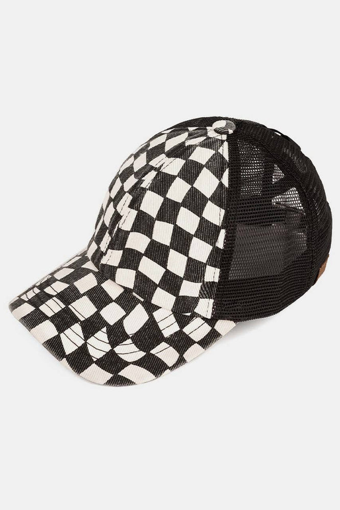 Checkered Pattern Criss Cross Ponytail Hat