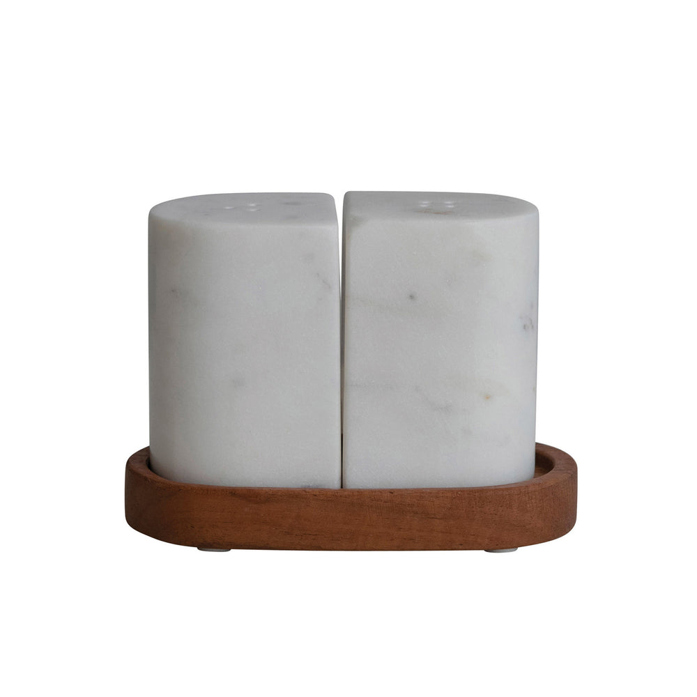White & Natural Marble Salt & Pepper Shakers w/ Acacia Wood Tray