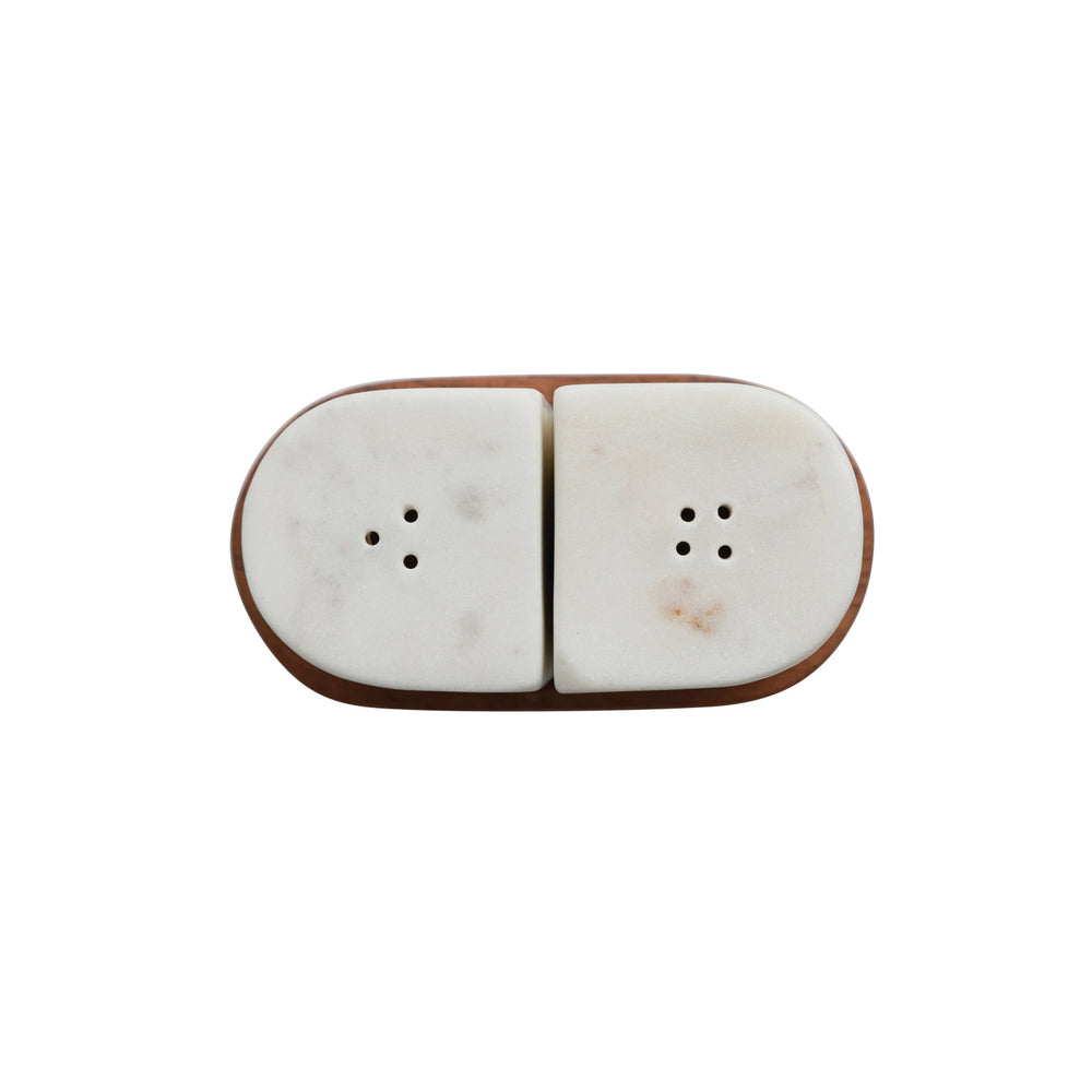 
                
                    Load image into Gallery viewer, White &amp;amp; Natural Marble Salt &amp;amp; Pepper Shakers w/ Acacia Wood Tray
                
            