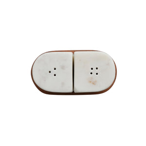 
                
                    Load image into Gallery viewer, White &amp;amp; Natural Marble Salt &amp;amp; Pepper Shakers w/ Acacia Wood Tray
                
            