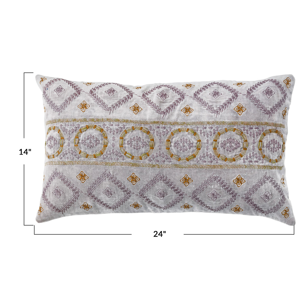 Cotton Velvet Lumbar Pillow w/ Embroidered Pattern & Chambray Back