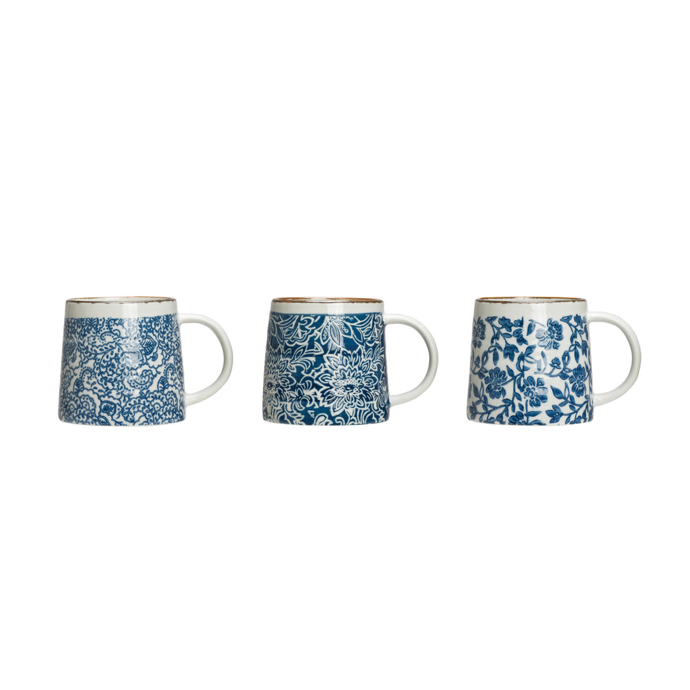 Blue & White Hand-Stamped Stoneware Mug-3 Styles