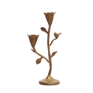 Hand-Forged Cast Iron Flower Taper Holder w/ Flowers & Bird- 2 Styles