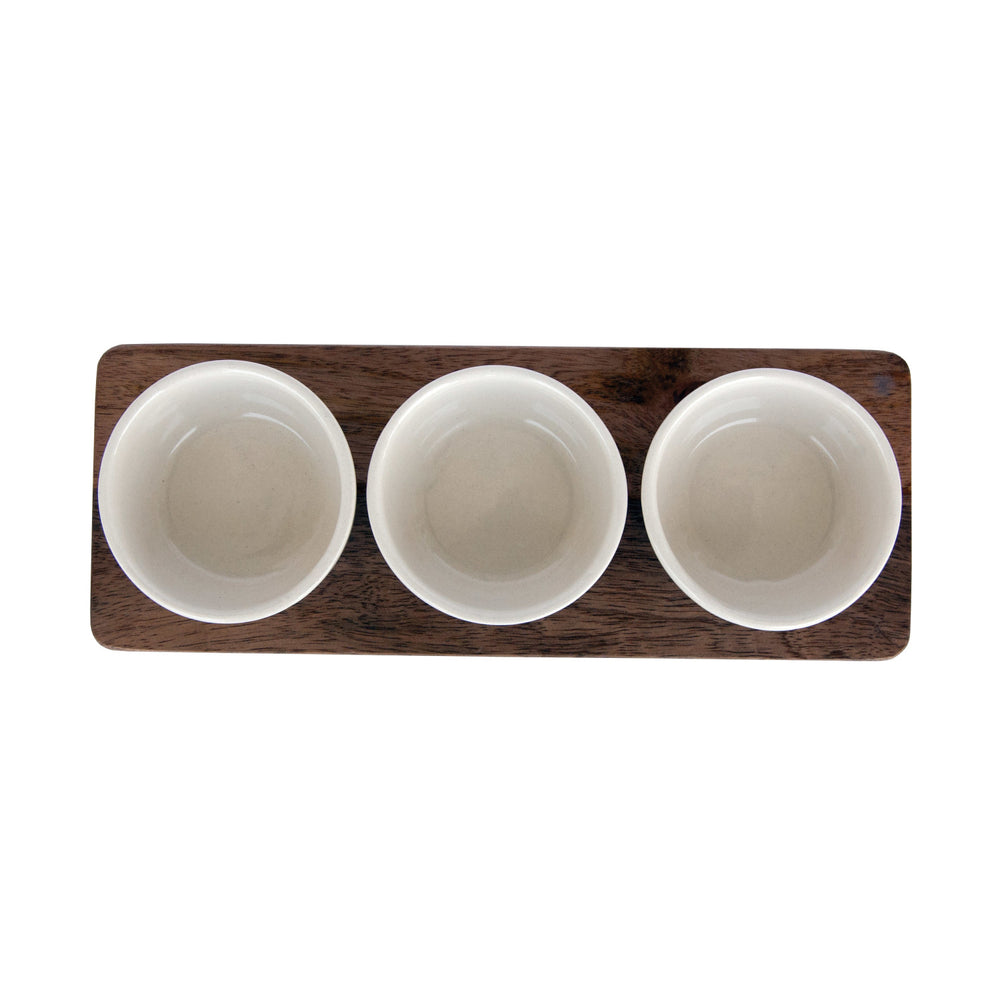Mango Wood Tray w/ (3) 2 oz. Stoneware Bowls