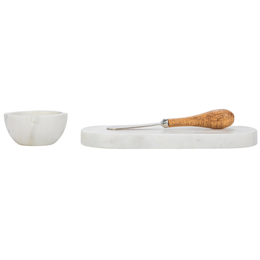 Marble Cheese Serving Board w/ Marble Bowl & Canape Knife, Set of 3