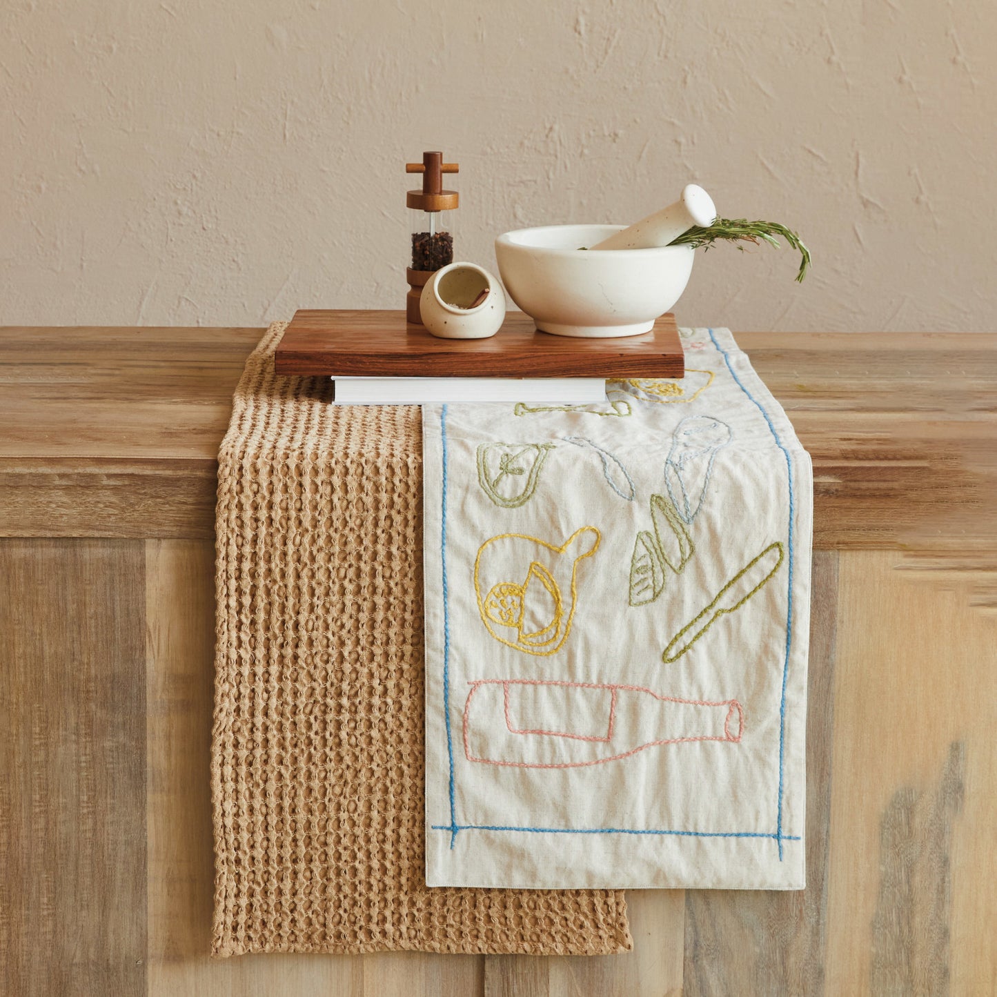 Tan Stonewashed Cotton Waffle Weave Table Runner