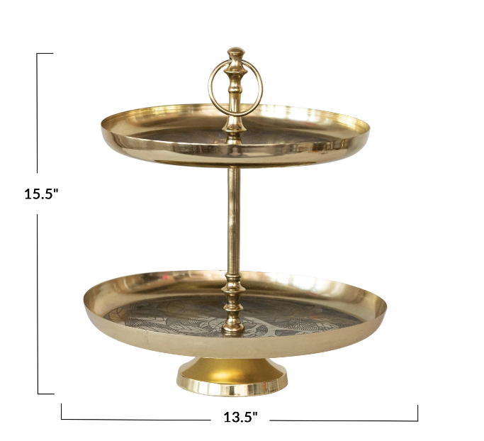 1 LEFT- Decorative Etched Metal & Aluminum 2-Tier Tray w/ Branch Design & Gold Finish