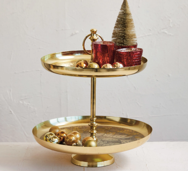 1 LEFT- Decorative Etched Metal & Aluminum 2-Tier Tray w/ Branch Design & Gold Finish