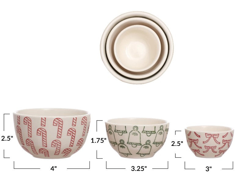 Holiday Hand-Stamped Stoneware Nesting Bowls, Set of 3