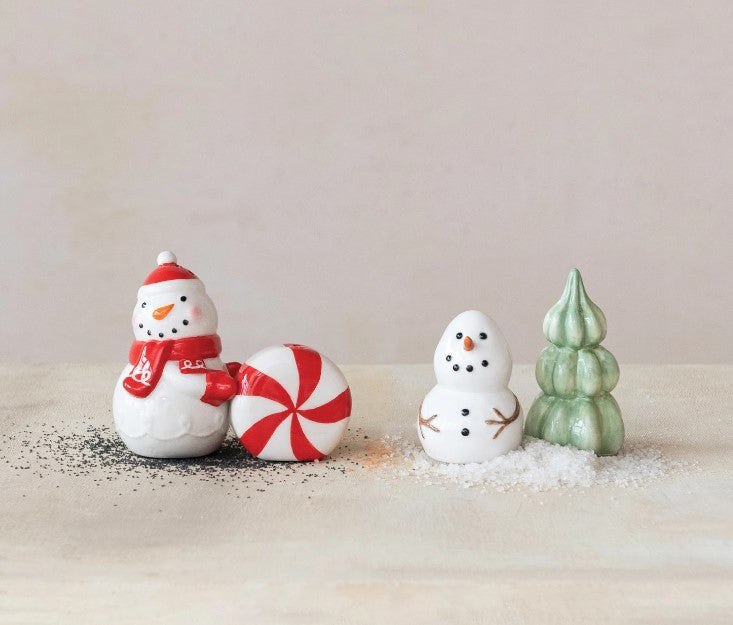 Ceramic Snowman & Candy Shaped Salt & Pepper Shakers, Red & White, Set of 2