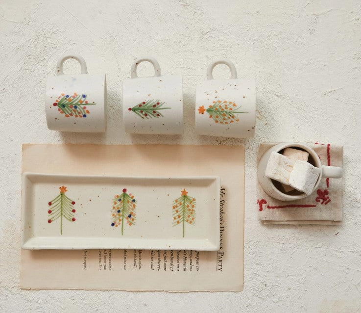 Hand-Painted Stoneware Mug w/ Christmas Tree + Matching Platter - All Sold Seperately