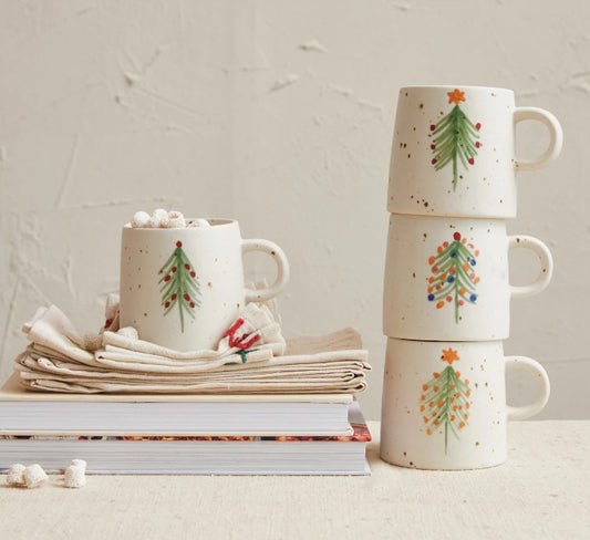 Hand-Painted Stoneware Mug w/ Christmas Tree + Matching Platter - All Sold Seperately