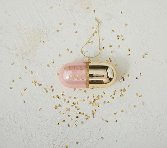 Pink + Gold Glass "Chill Pill" Ornament w/ Glitter