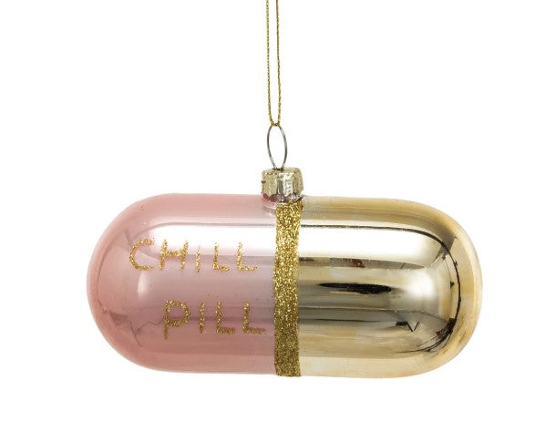 Pink + Gold Glass "Chill Pill" Ornament w/ Glitter