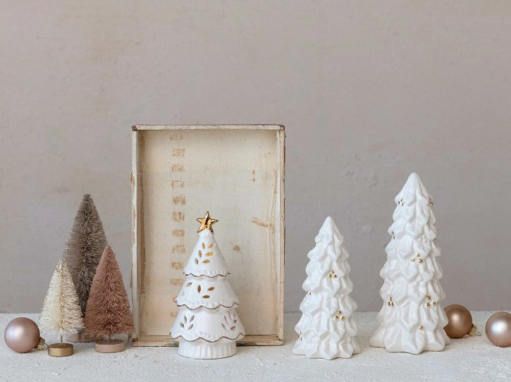 Set of 3 Stoneware Christmas Trees with 1 Stoneware LED Christmas Tree