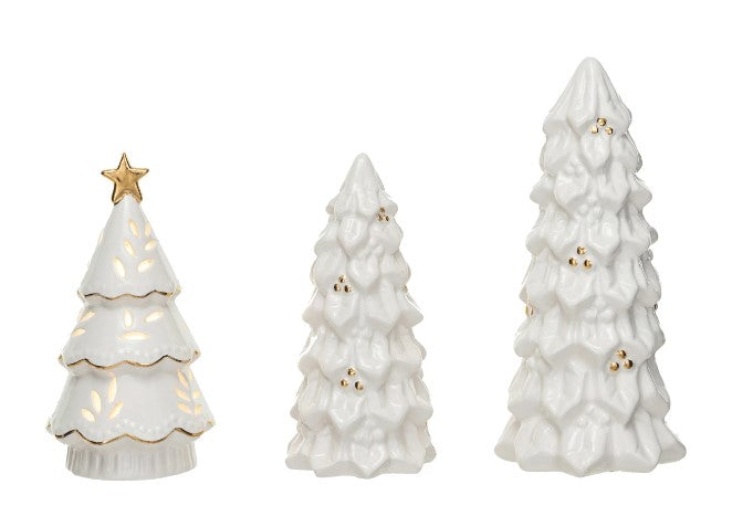 Set of 3 Stoneware Christmas Trees with 1 Stoneware LED Christmas Tree