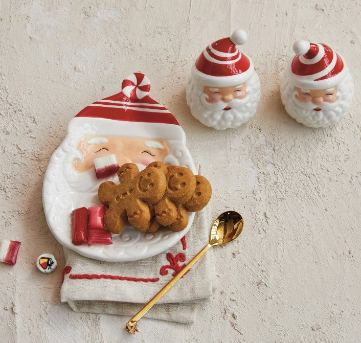 Hand-Painted Ceramic Santa Plate and Salt + Pepper Shakers; Sold Separately