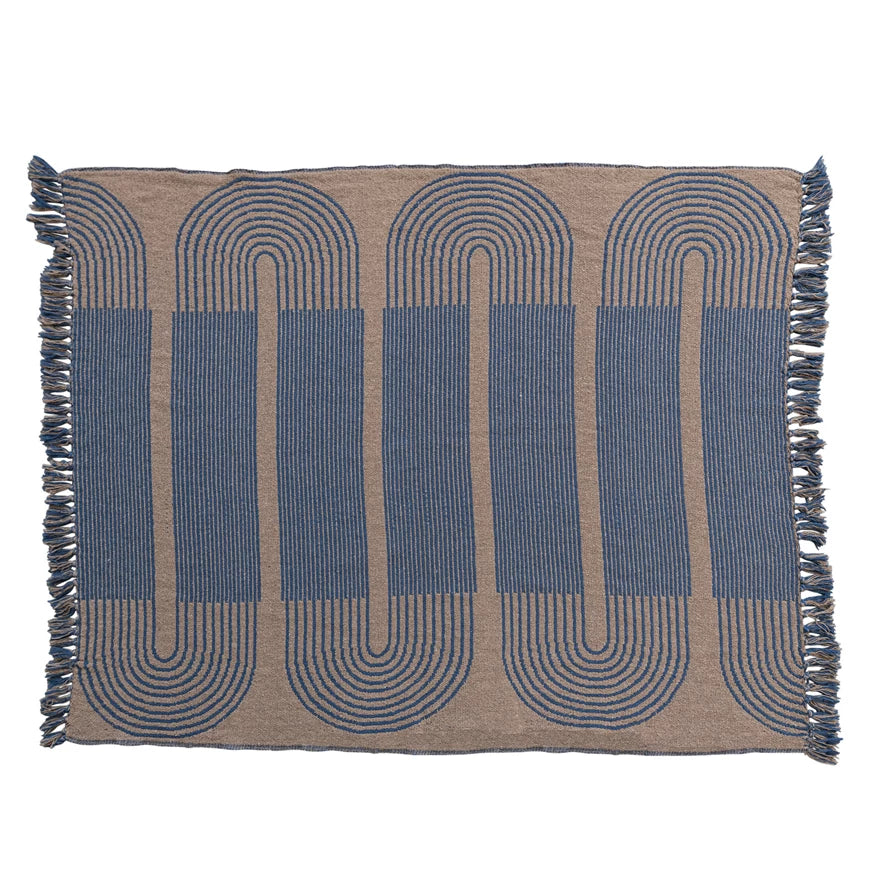 Blue & Tan Woven Recycled Cotton Blend Throw w/ Pattern & Fringe
