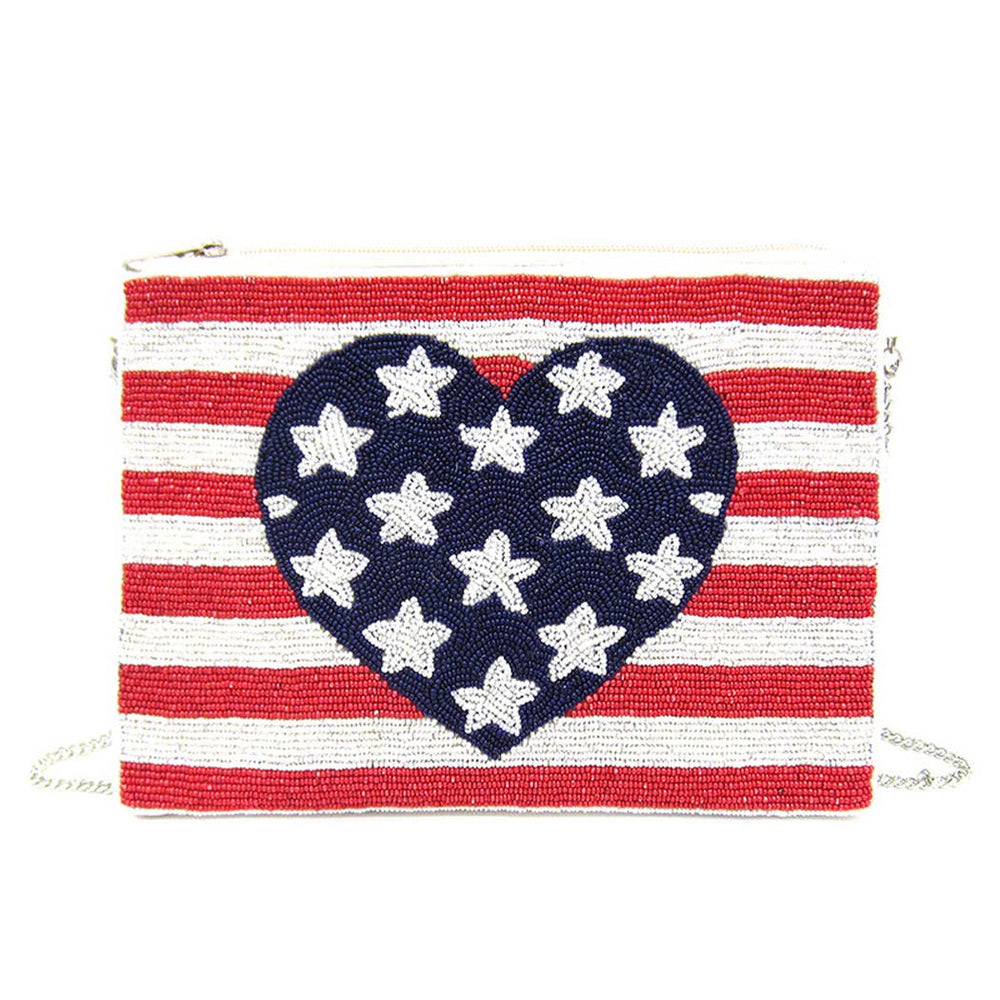 Heart American Flag Beaded Clutch Crossbody Bag