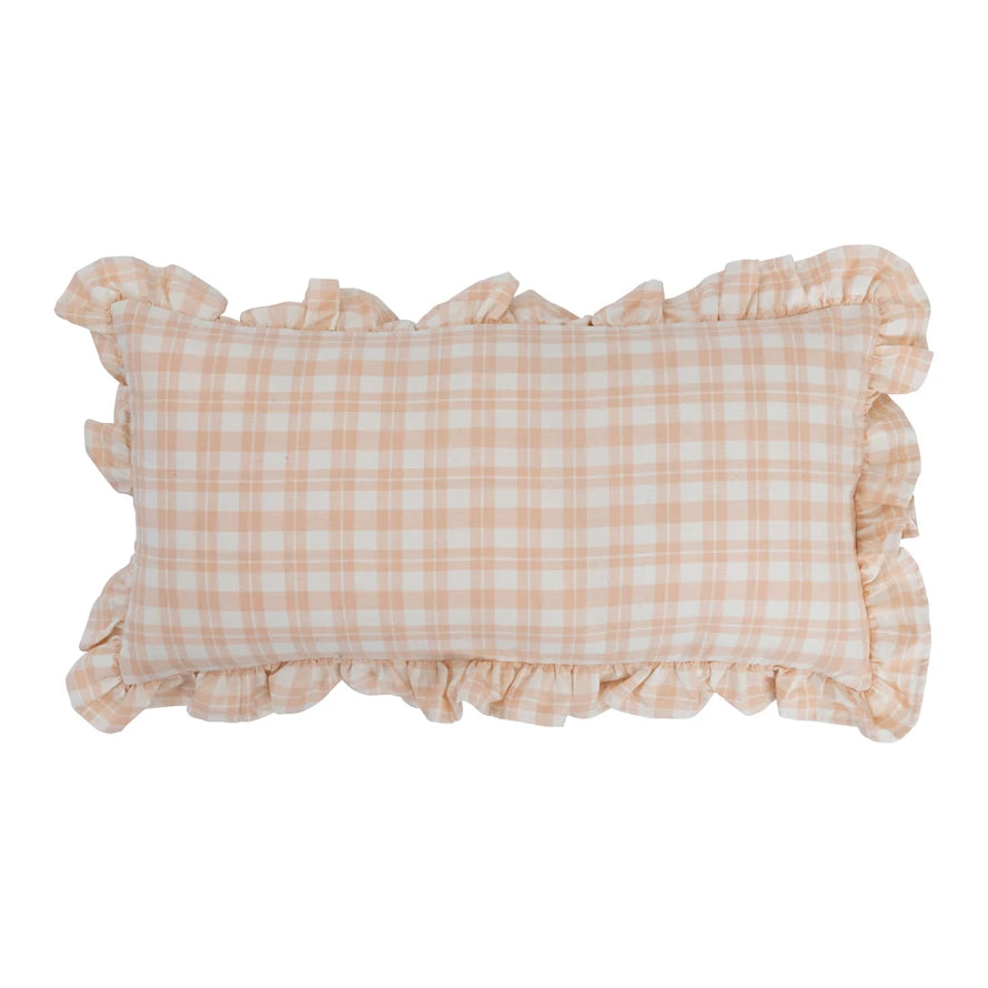 Cotton Lumbar Plaid Pillow with Ruffle